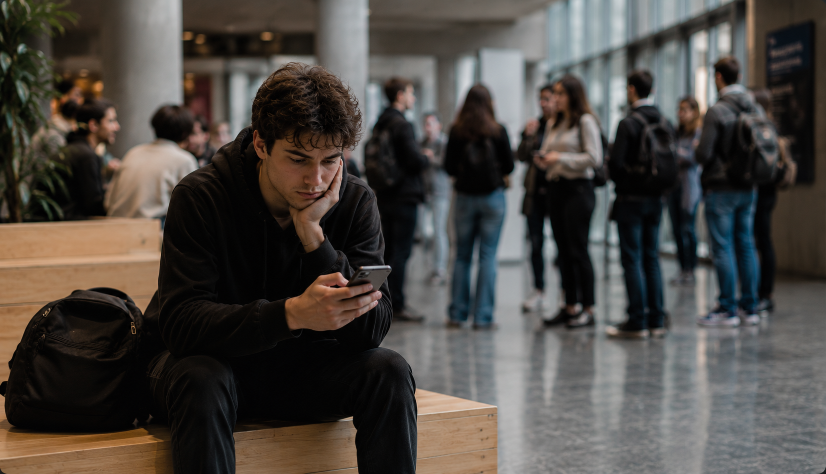 Étudiant isolé consultant son téléphone dans un couloir de campus