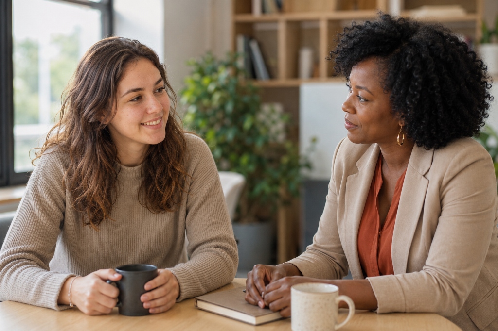 Un étudiant échange avec une professionnelle du campus